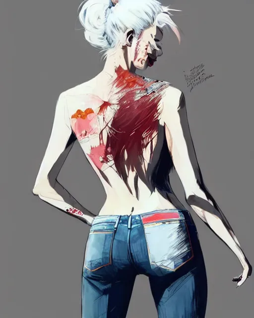 Image similar to a ultradetailed beautiful back painting of a stylish woman with white hair in a short pony tail, she is wearing jeans, by conrad roset, greg rutkowski and makoto shinkai trending on artstation