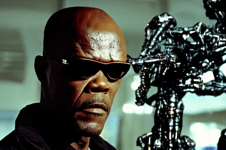 Image similar to Samuel L. Jackson plays Terminator and his endoskeleton is visible, portrait, scene from the film