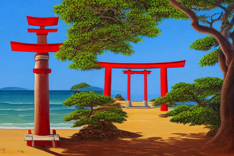 Prompt: a painting in the style of rob gonsalves of a beautiful large shinto shrine with a torii in a natural setting, soft lighting, seasonal weather, on a hawaiian beach