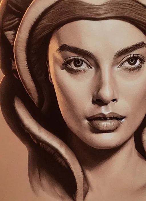 Prompt: Margot Robbie as Princess Leia, by artgerm, beautiful, mixed media on toned paper, 2021, very detailed, coffee art