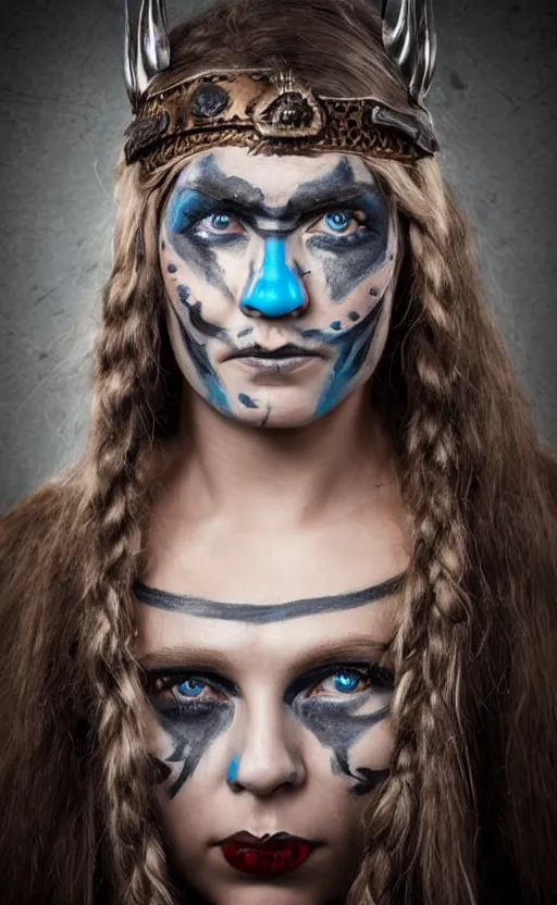 Image similar to photorealistic portrait of female viking warrior in tribal face paint, bloody nose, blue eyes, porcelain skin, black hair, determined