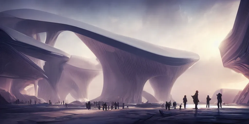 Image similar to the gods meeting at olympus, by tim blandin and arthur haas and bruce pennington and john schoenherr, big windows architecture by zaha hadid, octane render, warm colour scheme, white, cinematic, scenery, cgsociety, modernism, futuristic, trending on artstation, sci - fi, high detail, high quality, close up angle, people walking