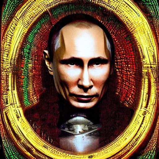 Image similar to vlad putin became stupid imbecile retard degenerate photo - realistic, color image, hyper realistic, 2 k, highly detailed, occult art, by giger, fractal structure