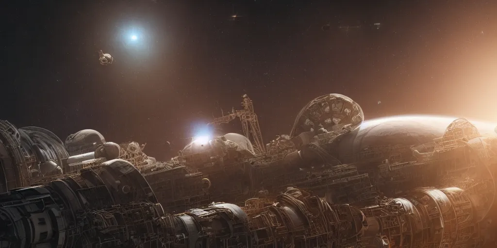 Prompt: photorealistic full wide shot of industrial spaceship, in space, bokeh, Hubble photo background, inspired by Ridley Scott, H R Giger, Warhammer, octane render, HD, volumetric lighting, mist, twilight, detailed