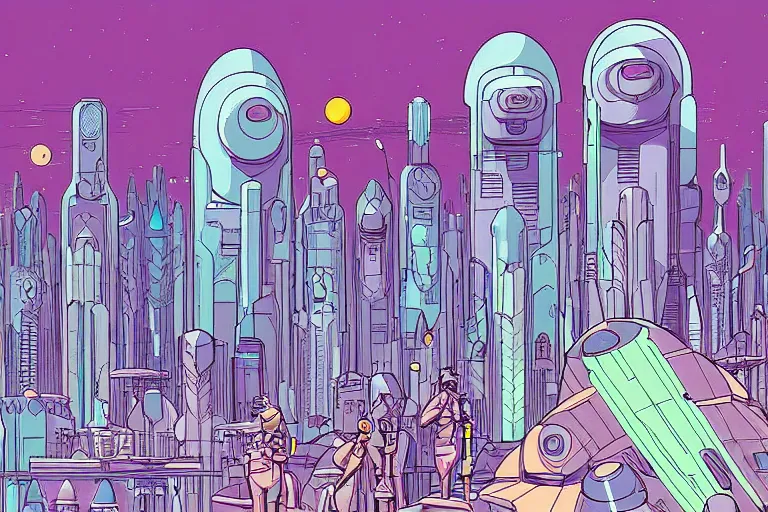 Image similar to a scifi illustration, Galactic City on Coruscant. flat colors, limited palette, heavy line work in FANTASTIC PLANET La planète sauvage animation by René Laloux