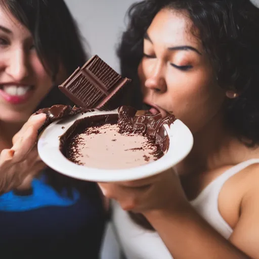 Image similar to two young women fighting over a cup of chocolate pudding, 4k, 35mm