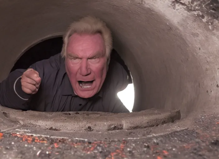 Image similar to film still of John Madden climbing out of a manhole in the new Halloween movie, 4k