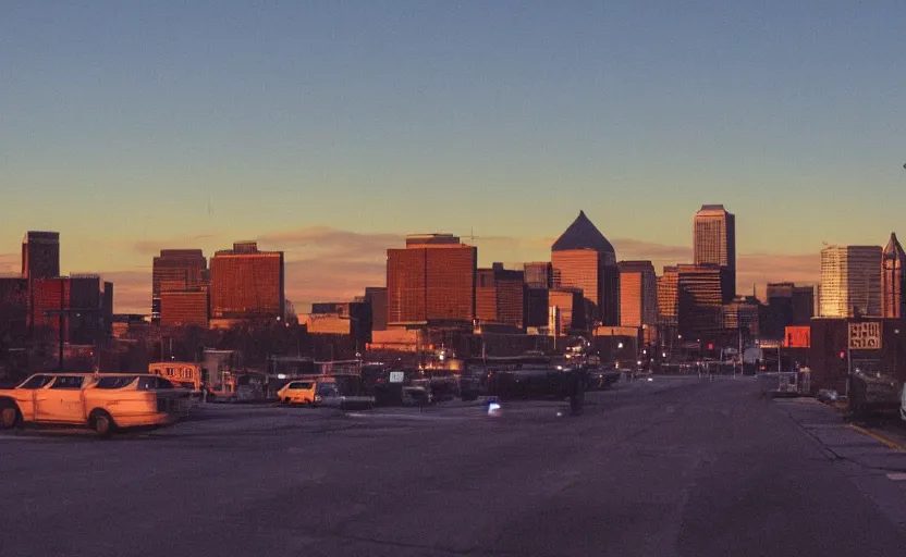 Image similar to photo of sunrise view of buffalo as seen from bus, scene from being john malcovich film directed by charlie kaufman ( 2 0 0 1 ), moody cinematography and lighting, 2 4 mm anamorphic lens