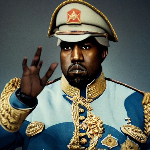 Image similar to kanye west as muammar kadhafi as emperor napoleon in fallout, splash art, movie still, detailed face, cinematic lighting, dramatic, octane render, long lens, shallow depth of field, bokeh, anamorphic lens flare, 8 k, hyper detailed, 3 5 mm film grain