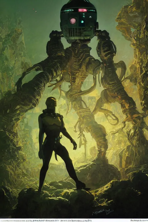 Image similar to pulp scifi fantasy illustration full body portrait of robby the robot on forbidden plant, monster from the id in the background, by norman rockwell, jack kirby, bergey, craig mullins, ruan jia, jeremy mann, tom lovell, 5 0 s, astounding stories, fantasy