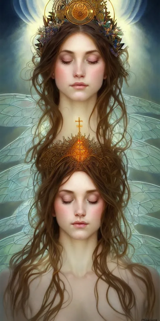 Image similar to fairy queen goddess feminine face meditation!! murky lighting, wind blowing, full body portrait, blessed by nature, physical mental perfection, symmetrical! intricate, sensual, highly detailed, biblical divine holy perfection!! digital painting, artstation, concept art, smooth, sharp focus, by artgerm and greg rutkowski and alphonse mucha