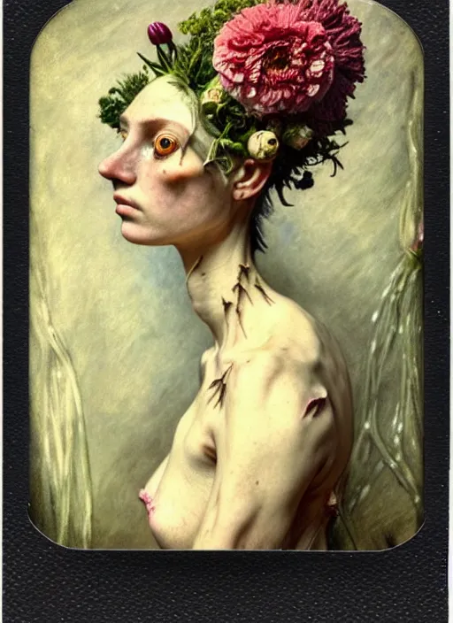 Image similar to beautiful and detailed rotten woman made of plants and many types of stylized flowers like carnation, chrysanthemum, anemone, roses and tulips, intricate, surreal, vladimir volegov, john constable, guy denning, gustave courbet, caravaggio, romero ressendi, 1 9 1 0 polaroid photo