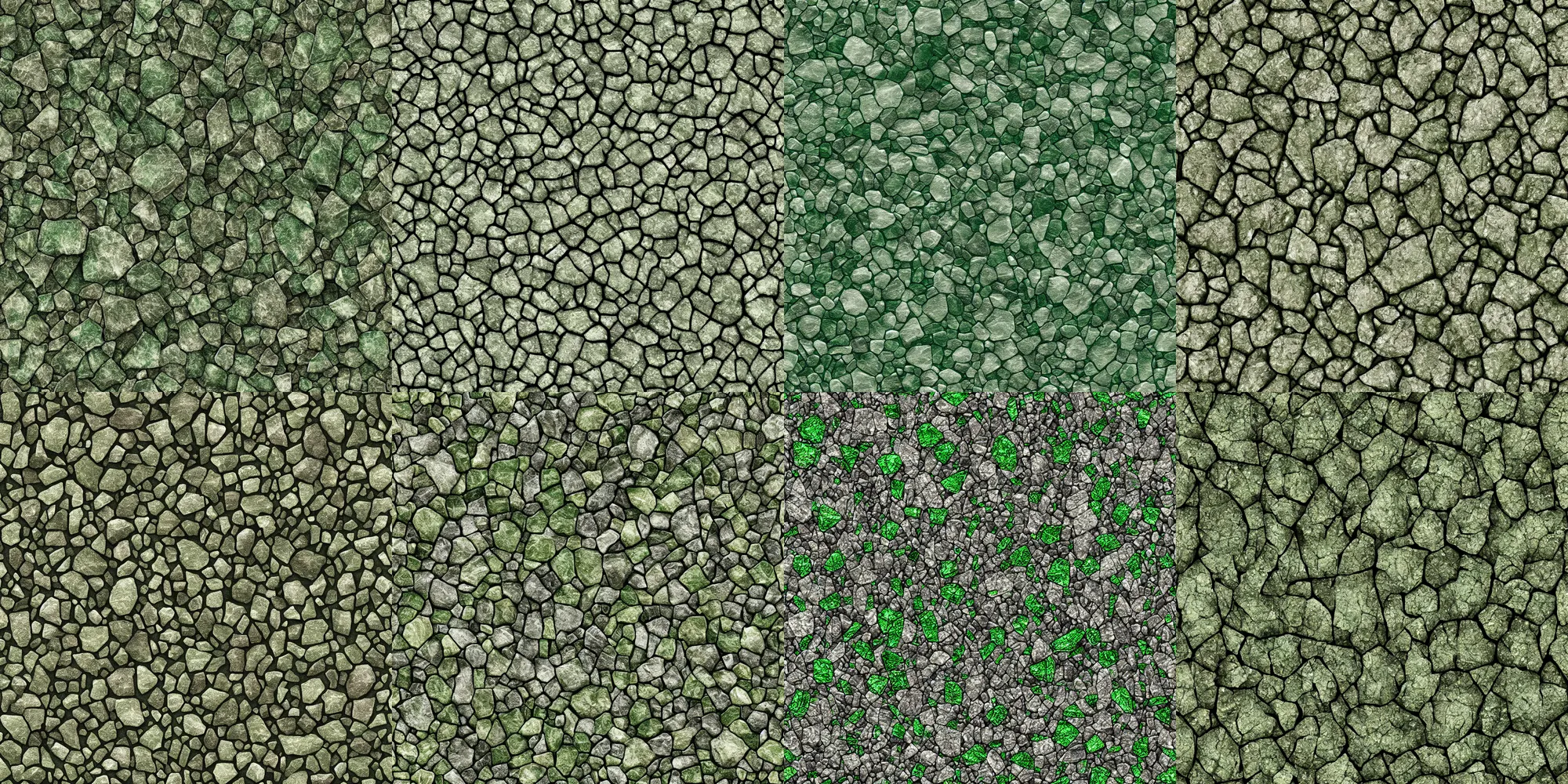 Prompt: long thin geometric green crystals on rocky ground, detailed ground terrain albedo texture, flat, 2 d texture, seamless