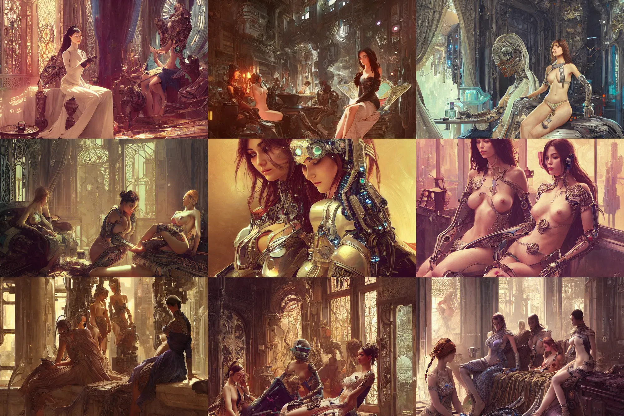 Prompt: Ultra realistic illustration, robot sitting in a harem of beautiful women + beautiful face , cyberpunk, sci-fi, fantasy, intricate, elegant, highly detailed, digital painting, artstation, concept art, smooth, sharp focus, illustration, art by artgerm and greg rutkowski and alphonse mucha