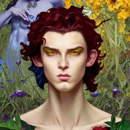 Image similar to a beautiful and androgynous half - elf with messy short red hair and dark skin tone and feline features and yellow eyes with slit pupils, wearing a colorful men's suit, dnd character, realistic digital painting by kehinde wiley and ross tran and gerald brom and fernando amorsolo and alphonse mucha, trending on artstation