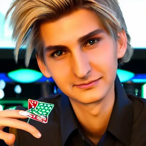 Image similar to a high quality photo of handsome gigachad XQC gambling, photorealism, 8k, artstation