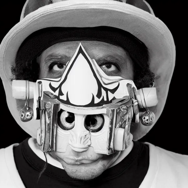 Image similar to a close-up black-and-white studio portrait of Roberto Bolaños Chaves El Chavo del Ocho wearing the MF Doom mask. Madvillain album cover