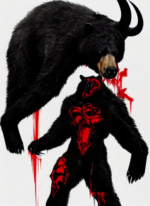 Prompt: Full body portrait of horned black bear with sharp claws and red eyes. In style of Yoji Shinkawa and Hyung-tae Kim, trending on ArtStation, dark fantasy, great composition, concept art, highly detailed.