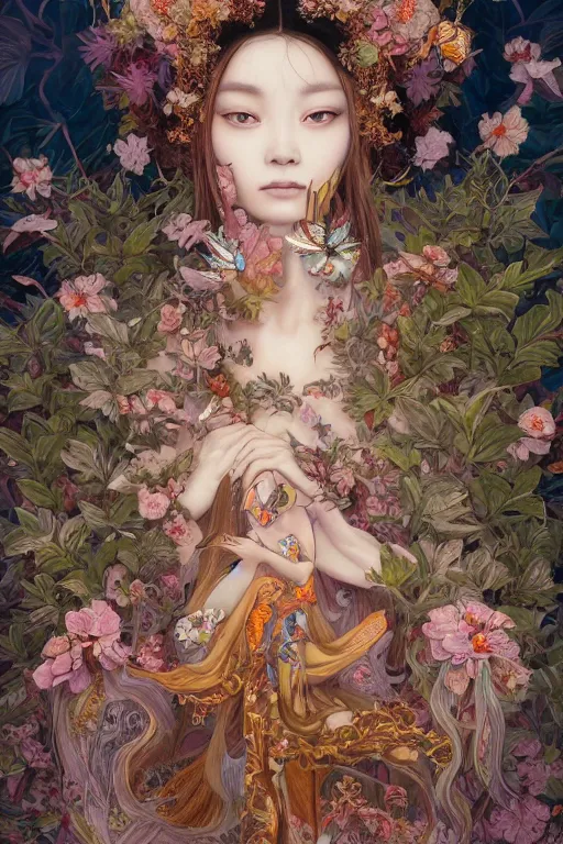 Image similar to breathtaking detailed concept art painting of the goddess of moth, orthodox saint, with anxious, piercing eyes, ornate background, amalgamation of leaves and flowers, by Hsiao-Ron Cheng, James jean, Miho Hirano, Hayao Miyazaki, extremely moody lighting, 8K