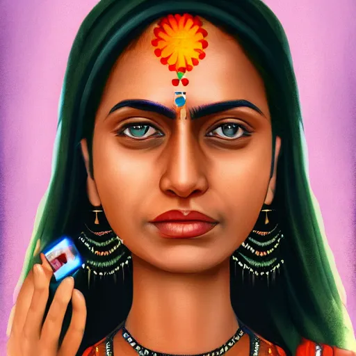 Image similar to portrait of an Indian woman with a computer chip in the back of her head, headshot, detailed, fantasy, trending on artstation