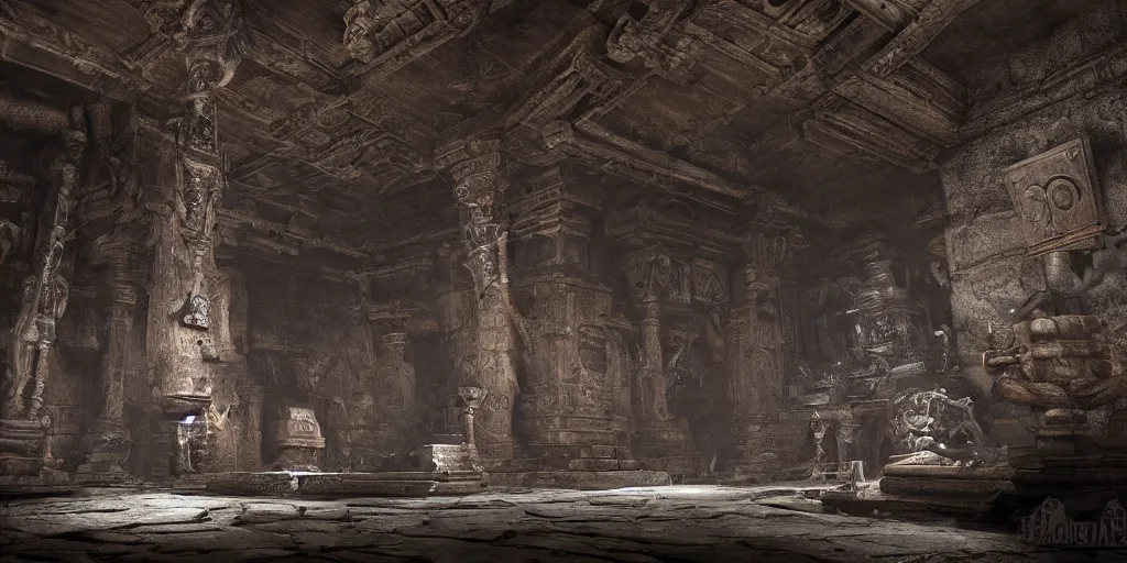 Image similar to large evil underground ruined temple, highly detailed carvings of weird symbols on the floor, dark dramatic atmosphere, highly detailed, ultra - realistic, tomb raider, unreal engine, cinematic, 4 k