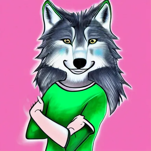 Prompt: Beautiful portrait drawing of an anthro anthropomorphic mint-wolf, wearing a cute pastel t-shirt, in Summer, at a forest. digital art