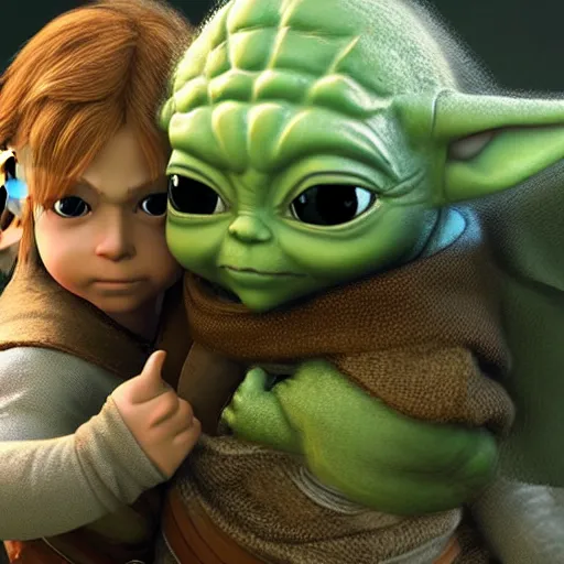 Image similar to link from the legend of zelda holding baby yoda in her arms, detailed, hyper realistic, 4 k octan render, unreal 5