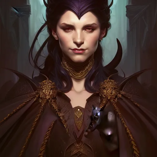 Image similar to , portrait of an dark hot tiefling, D&D, fantasy, intricate, elegant, highly detailed, digital painting, artstation, concept art, smooth, sharp focus, illustration, art by artgerm and greg rutkowski and alphonse mucha