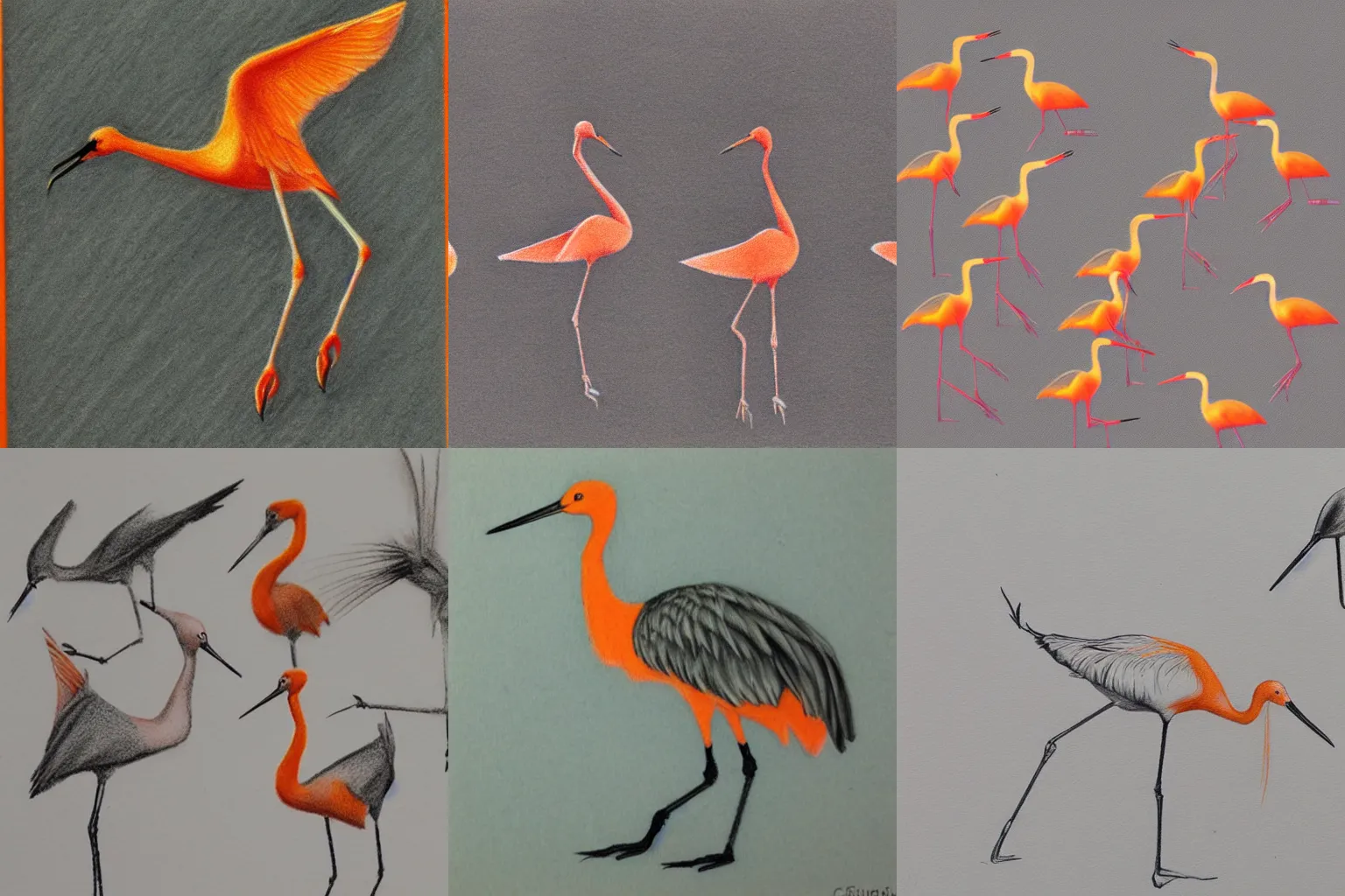 Prompt: pencil drawings of many small cranes, orange pastel colors