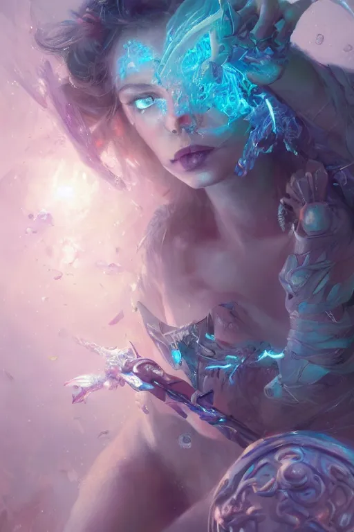 Image similar to half body closeup of extremely beautiful girl necromancer, magical fairy flowers and ice, angels, 3 d render, hyper - realistic detailed portrait, holding fire and electricity rainbow, ruan jia, wlop. scifi, fantasy, magic the gathering, hyper detailed, octane render, concept art, peter mohrbacher