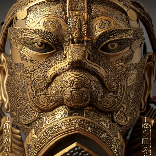 Image similar to an intricate photography portrait of a enigmatic terracota warrior soldier made of obsidian carving metal in a golden desert, extremely detailed, ornate, biomechanical, by wlop by jungyeonmin, james jean jhonseru jsezz, greg rutkowski, lens orbs, global illumination, japandi, hyperreal, micro details