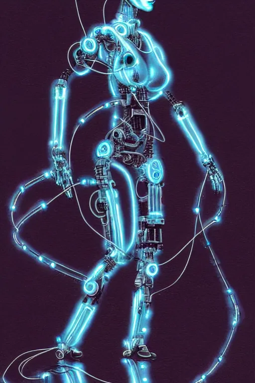 Image similar to a stunning robot woman with cybernetic enhancements, wires, led lights, glowing lights, futuristic, by jean baptiste monge