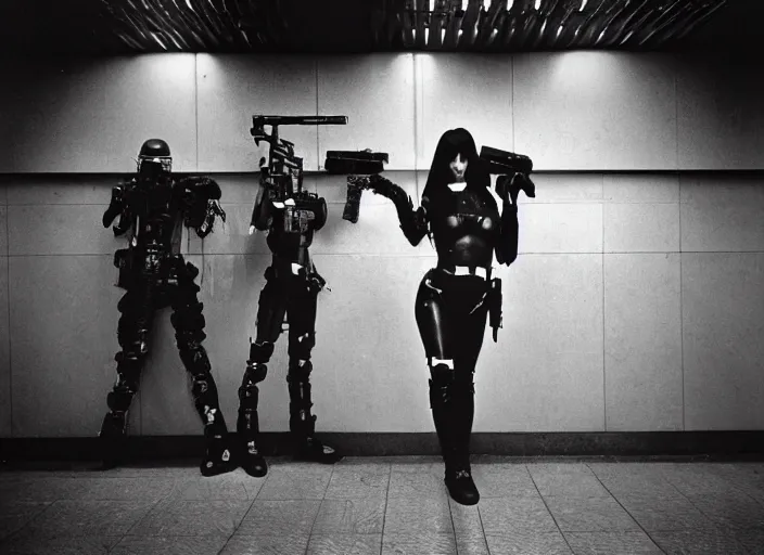 Prompt: cyberpunk cyborg girl with combat equipment and a gun for an arm, in a futuristic subway, richard avedon, tri - x pan