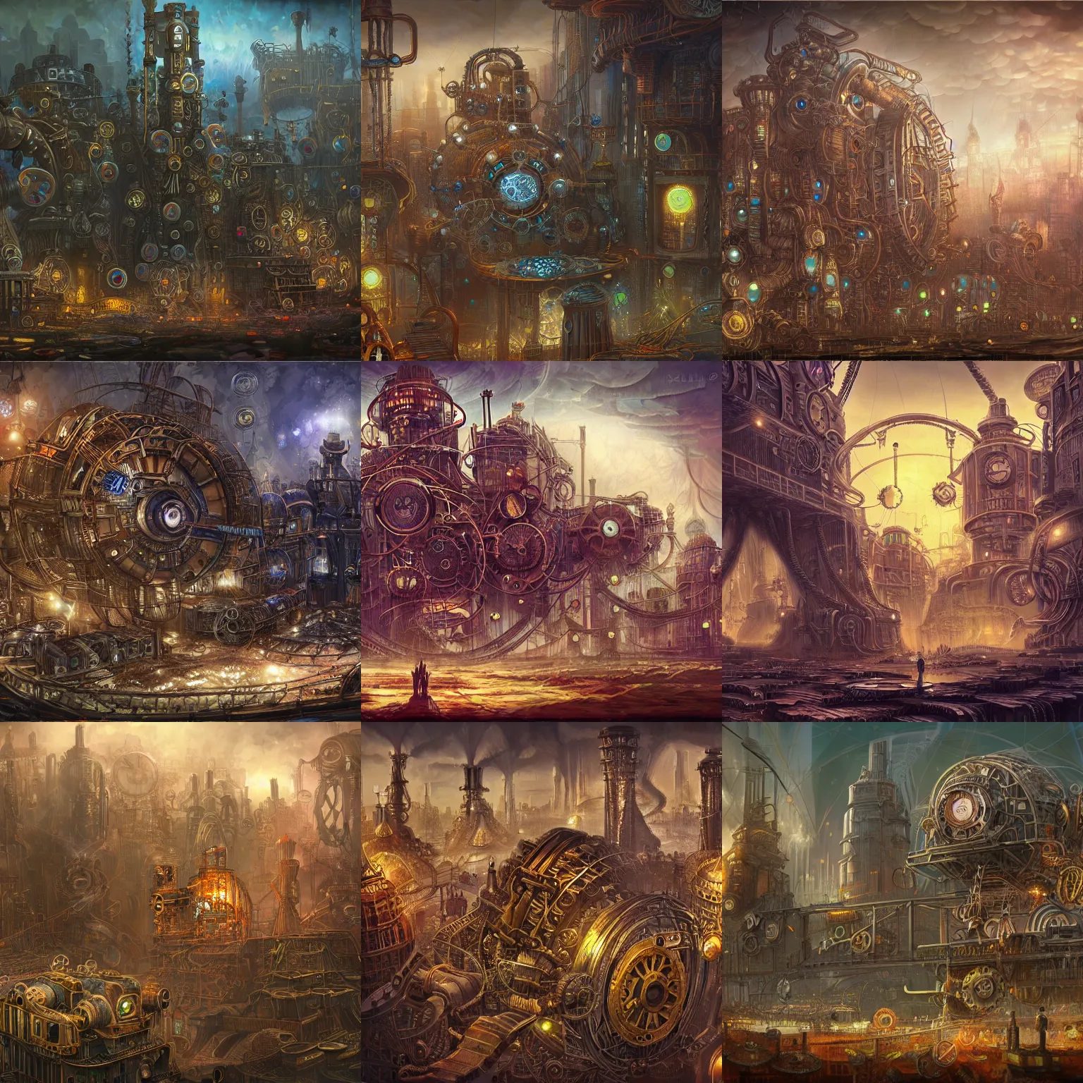 Image similar to enormous city-sized complicated steampunk machinery, psychedelic art, lovecraftian, epic, 4k, concept art, detailed