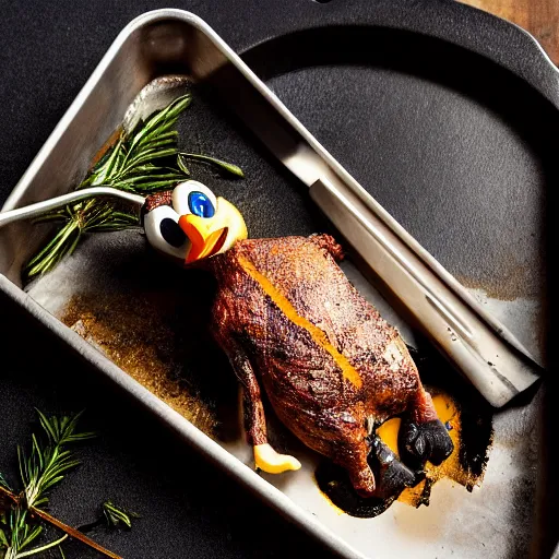 Image similar to roasted spatch donald duck in a baking tray with rosemary and thyme, cooking oil, steam, charred, ready to eat, electric sparks