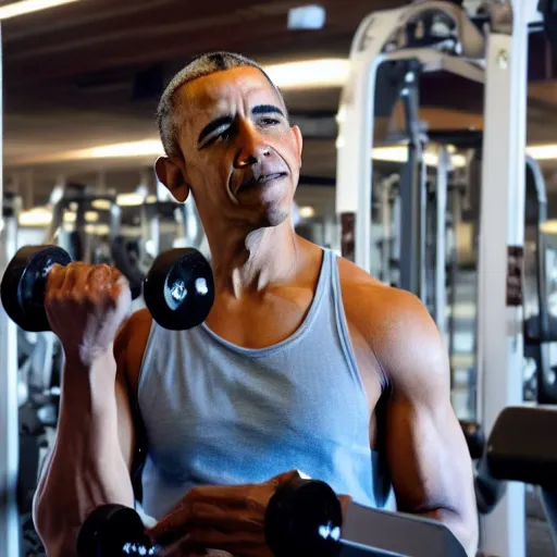 Prompt: Obama and buff Chad are both working out in the same room, 40nm lens, shallow depth of field, split lighting, 4k,
