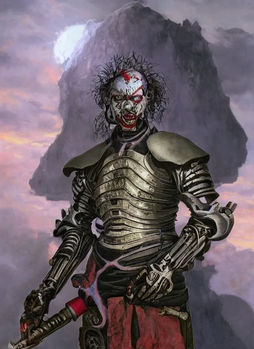 Image similar to portrait of a diabolical cyborg clown samurai, torn cape, adaptive armor, dynamic pose, heavy eyes to the side, ancient ruins, glowing veins subsurface scattering, in clouds, sunset, portrait, by gerald brom, by mikhail vrubel, by peter elson, muted colors, extreme detail, reflections, trending on artstation, 8 k