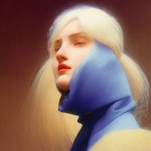 Prompt: a young woman's face, her hair is silver white and she wears an indigo blue satin cloak, by ivan aivazovsky and syd mead and moebius and gaston bussiere and roger dean and pieter claesz and paul delaroche and alma tadema and aelbert cuyp and glenn fabry, hyperrealistic, volumetric light, octane render