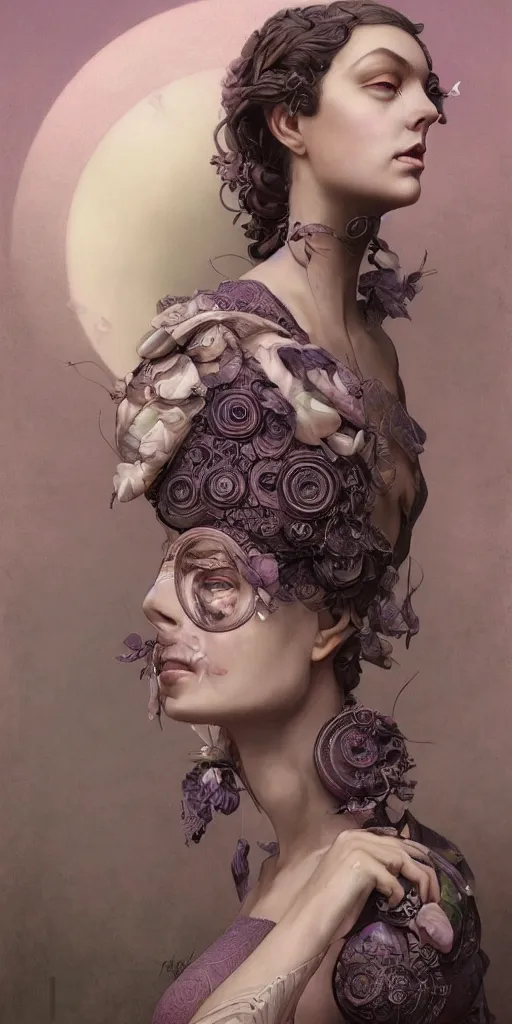 Image similar to a beautiful hyperrealistic solarpunk portrait pose of a stunning Art Deco model in a striped mauve-and-soot dress, intricate, elegant, highly detailed, smooth, sharp focus, award-winning, masterpiece, in the style of Tom Bagshaw, Cedric Peyravernay, Peter Mohrbacher