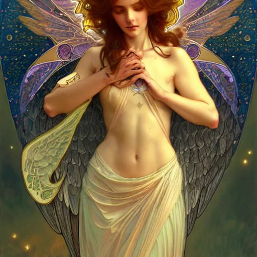 Prompt: Tarot card of an angel girl with glowing halo and highly detailed intricate wings, art nouveau, fantasy, intricate, elegant, highly detailed, digital painting, artstation, concept art, smooth, sharp focus, illustration, art by Krenz Cushart and Artem Demura and alphonse mucha
