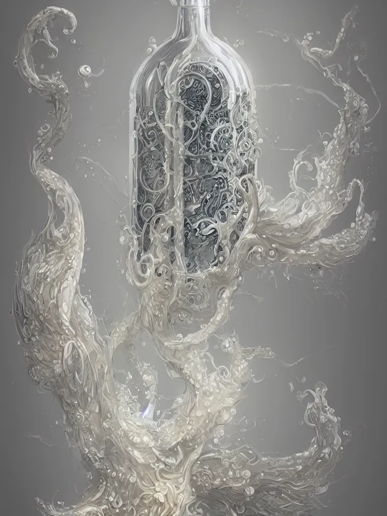 Prompt: a plastic transparent bottle filled with ivory white liquid. fantasy, intricate, elegant, highly detailed, digital painting, artstation, concept art, matte, illustration, epic fantasy