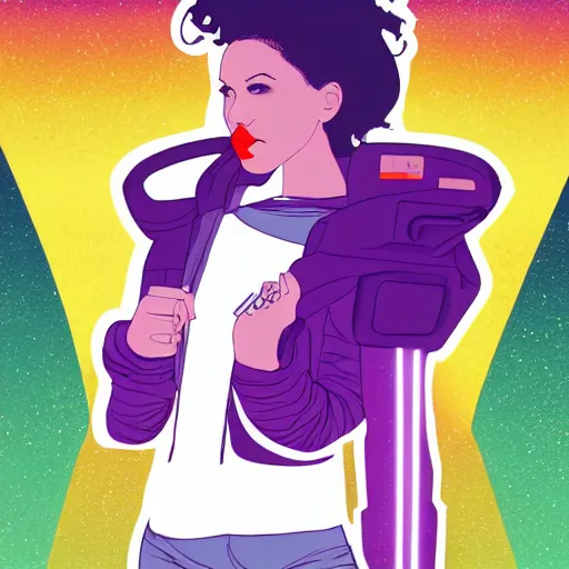 Image similar to poster artwork, sci fi, a female, full body, black hoodie techie, black hair with purple streaks, 8 k