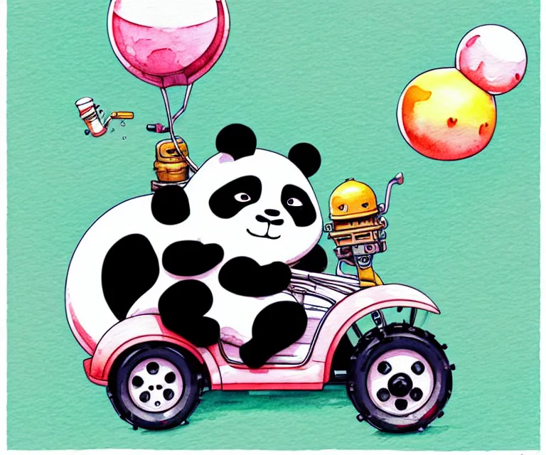 Image similar to cute and funny, panda wearing a helmet riding in a tiny fourwheeler with oversized engine, ratfink style by ed roth, centered award winning watercolor pen illustration, isometric illustration by chihiro iwasaki, edited by range murata, tiny details by artgerm, symmetrically isometrically centered