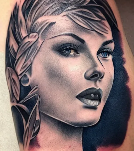 Image similar to tattoo design sketch of a beautiful blue - eyed woman face with a faded background of beautiful mountains and nature on her side, hyper - realistic, in the style of den yakovlev, amazing detail, black and white