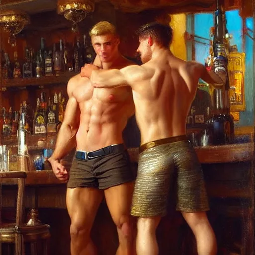 Image similar to attractive muscular male with brunet hair and attractive muscular male with blond hair. pants and shorts, drinking their hearts out, in a pub. very defined and detailed painting by gaston bussiere, j. c. leyendecker, craig mullins 8 k