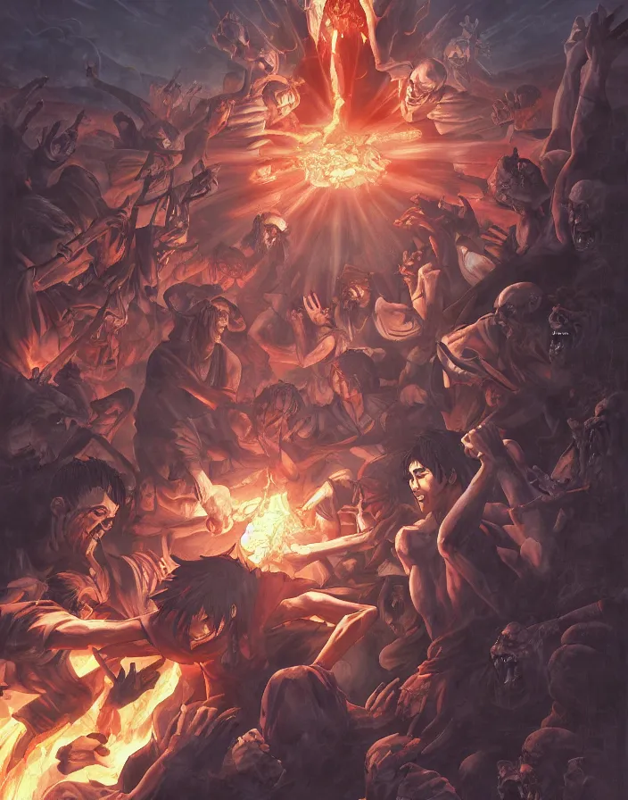 Image similar to the harrowing of hell by yusuke murata and makoto shinkai, 8k, cel shaded, unreal engine, featured on artstation, pixiv