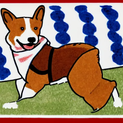 Image similar to illustration of french boy in paris playing football against a corgi, the corgi is wearing a polka dot scarf