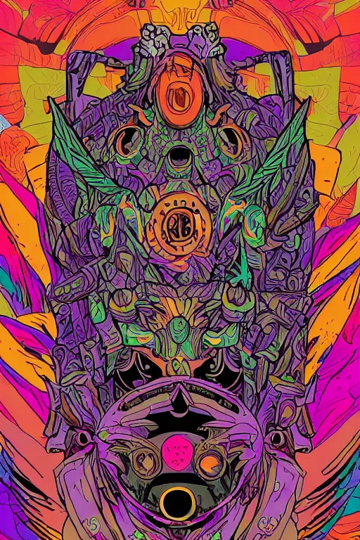 Image similar to animal mask totem roots flower tribal feather gemstone plant wood rock shaman vodoo video game vector cutout illustration vivid multicolor borderlands comics by josan gonzales and dan mumford radiating a glowing aura