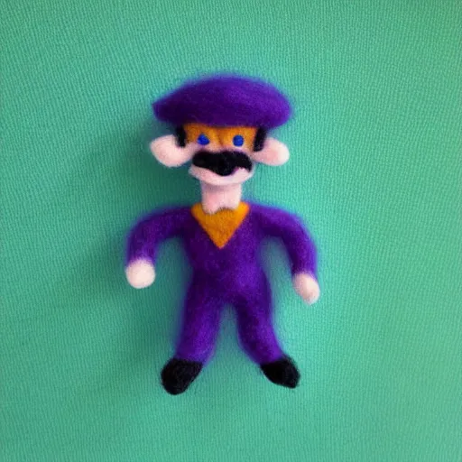 Image similar to a needle felted waluigi, needle felting art.