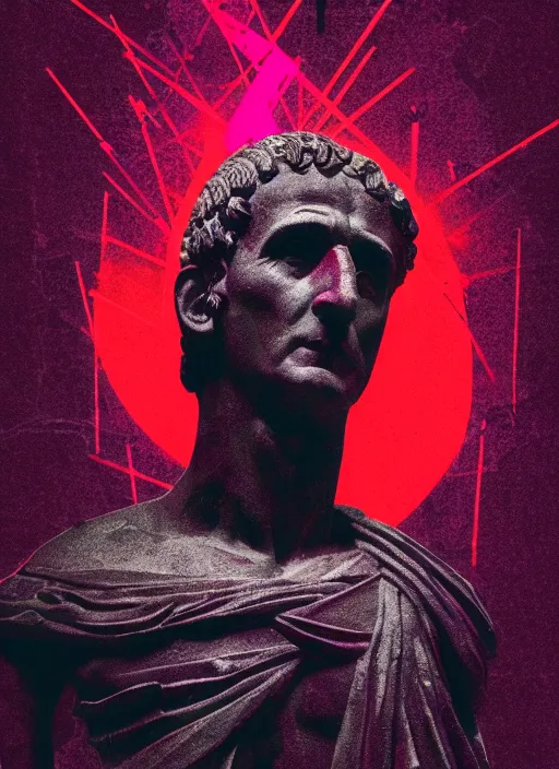 Image similar to black background with subtle red and purple design elements, statue of julius caesar, nekro, modern design, collage art, thin lines, dark, glitch art, neo vaporwave, gritty, layout frame, trending on artstation